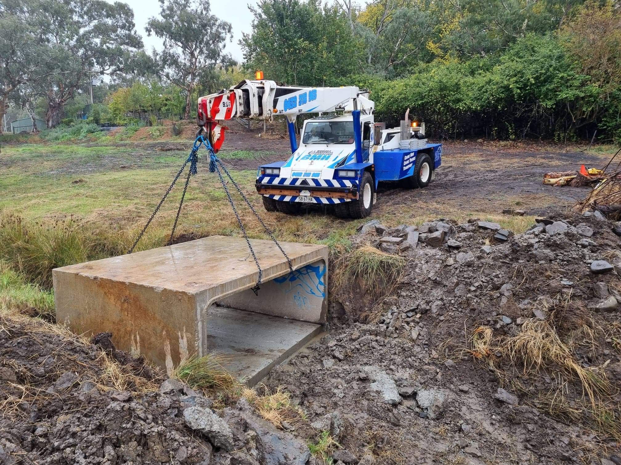 Franna crane hire placing culverts