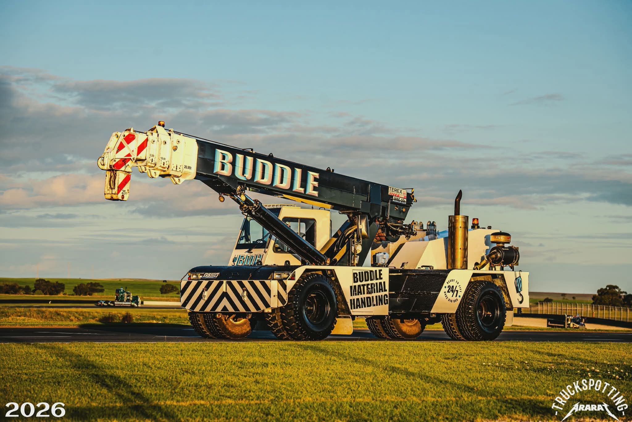 One of our Franna cranes on track at The Bend Motorsport Park